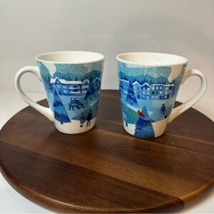 ❄️ Winter Village Ceramic Mugs – Set of 2 –Snowy Scene Blue Coffee Cups